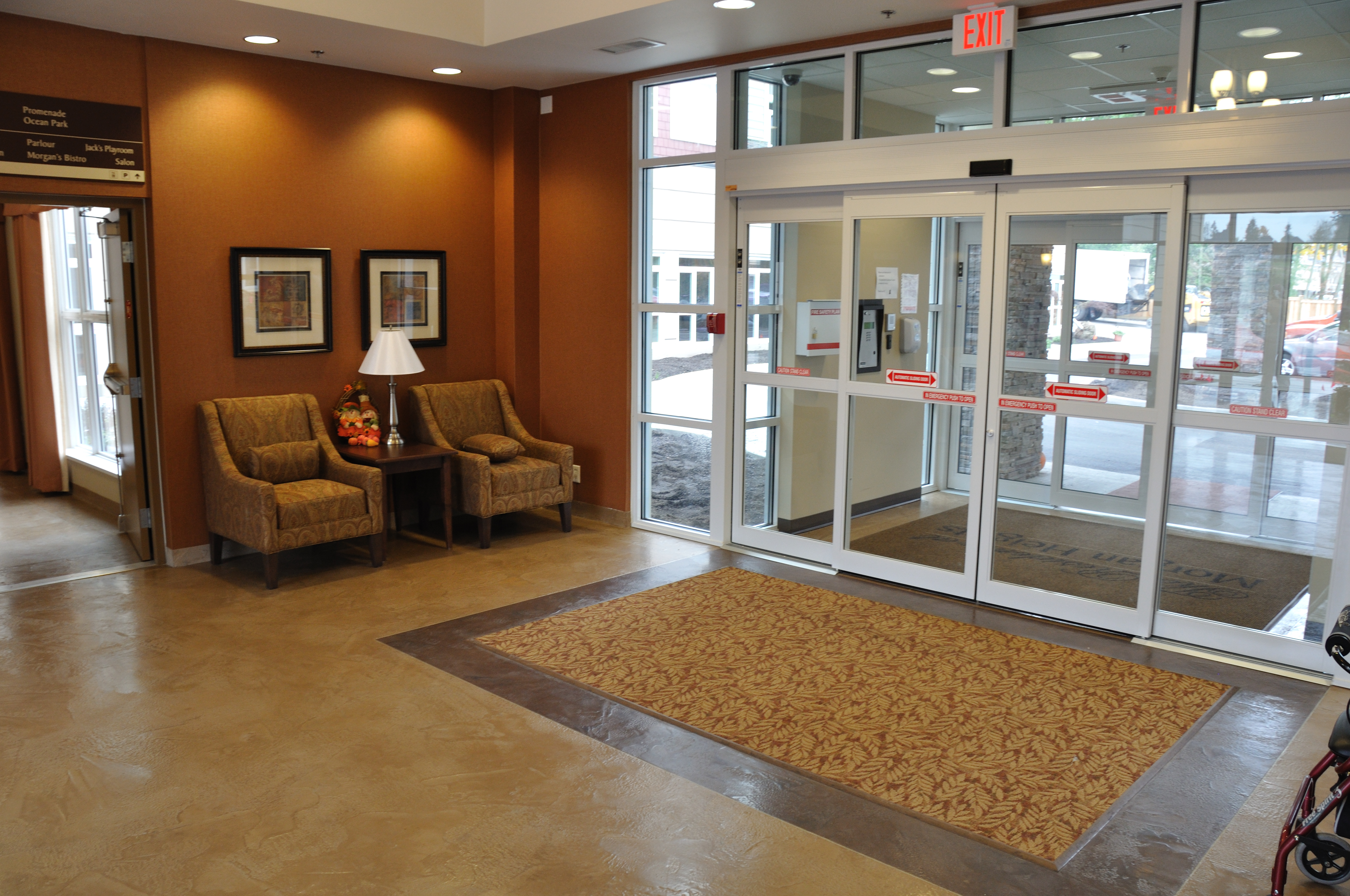 Care facility entrance lobby with decorative flooring